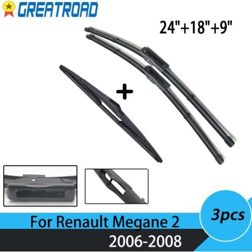 Wiper Front Rear Wiper Blades Set For Renault Megane 2 Hatchback 2006 2007 2008 Windshield Windscreen Window 24"+18"+9"