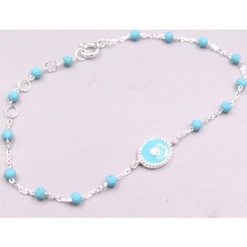 New Pure 925 Sterling Silver Width 3mm Turquoise Kallaite Beads Rolo Link Chain Bracelet 19cm