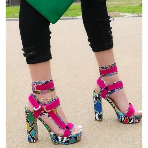 Sexy Women Multi-Snakeskin Chunky Heel Sandals Platform Buckle Strap Shoes Ankle High Top Fuchsia Python Patchwork Dress Sandal