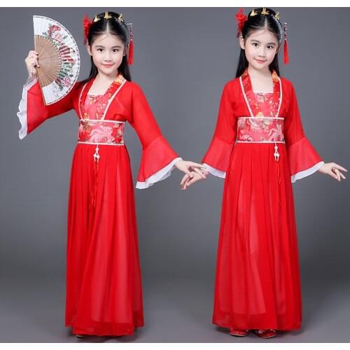 Long Flare Sleeve Chinese Han Dynasty Fairy Halloween Dress Girls New Year Costumes for Girls Gown Party Dress Green Red Pink