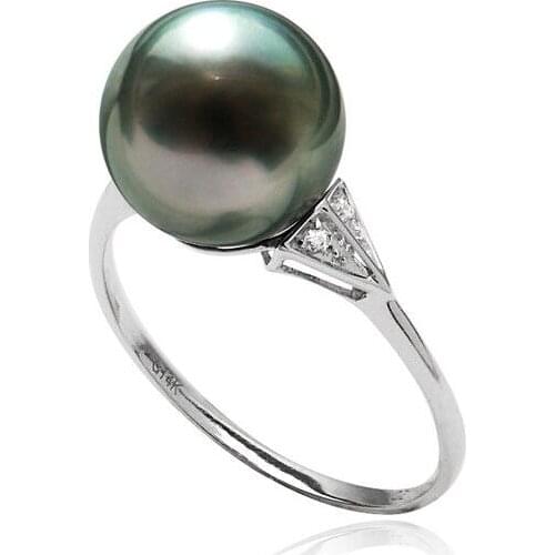 Luminous 9.5mm Round Genuine Tahitian Cultured Green Pearl Ring 14k White Gold