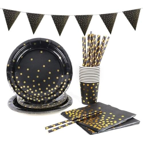 Party Supplies black gold Disposable tableware for kids adult happy birthday party supplies paper plate cup napkin tablecloths