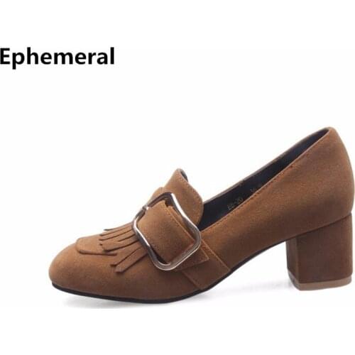 Fringe Pumps With Buckle Square Toe Slip-Ons Women Nubuck Leather Thick Medium Heels Loafers For Ladies Fashion Designer Shoes