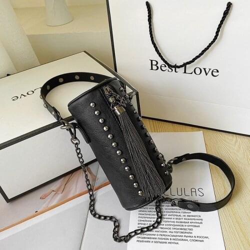 New Two Straps Vintage Fashion Fringe Bucket Bag Zipper Punk Chain Women Soulder Crossbody Bag Bags Tote Womens Handbags Purses