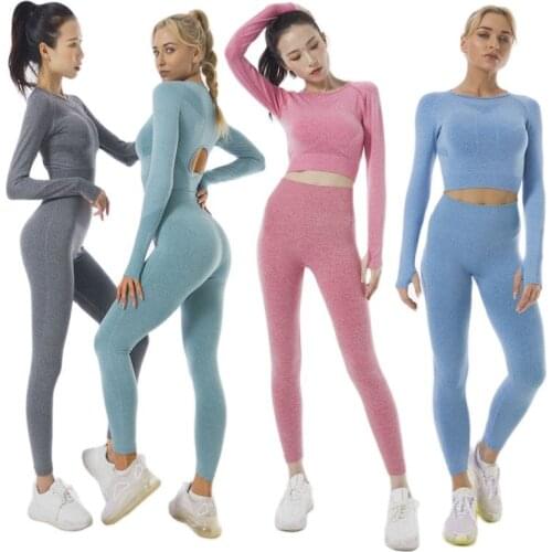 2pcs Seamless Women Yoga Set Workout Sportswear Gym Clothing Fitness Long Sleeve Crop Top High Waist Leggings Sports Suits
