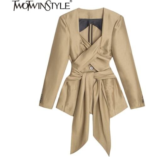 TWOTWINSTYLE Elegant Patchwork Bowknot Blazer For Women Square Collar Long Sleeve Ruched Split Blazers Female 2020 Fashion New