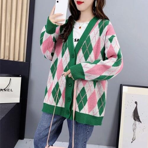 New Autumn Winter Women Diamond Grid Loose Long Knit Cardigan Coat Female Casual Long Sleeve Korean Luxury Tops Sweater Clothing