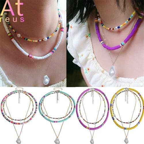 1-3pcs Polymer Clay Multilayer Necklace Set For Women Seed Beads Chokers Bohemian Baroque Pearl Pendant Necklace Party Jewelry