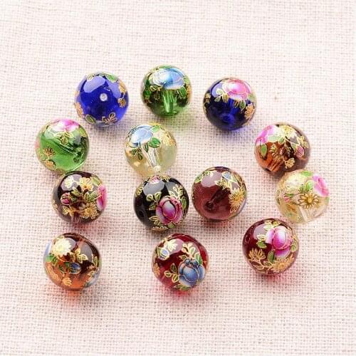 5pcs Flower Painted Glass Round Beads for Jewelry Making 12mm Hole: 1mm