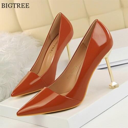 BIGTREE Shoes Metal Heel Ladies Office Shoes 2021 High Heels Brown Fashion Patent Leather Women Pointed Toe Thin Wedding Pumps