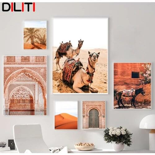 Boho Desert Travel Landscape Canvas Print Marrakech Painting Poster Camel Wall Art Picture for Living Room Moroccan Decor