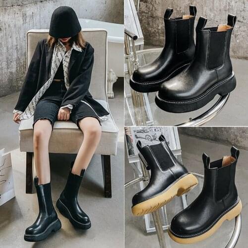 Genuine Leather Chelsea Boots Platform Shoes Women Ankle Boots Female Nice Trend Black Shoes Woman Booties Women Heels Rubber 40