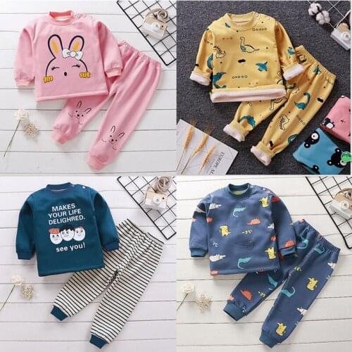2021 Children Thermal Underwear Clothing Set Baby Boy Letter Animal Cartoon Thick Long Johns Outfit Girl Boutique Kids Clothing