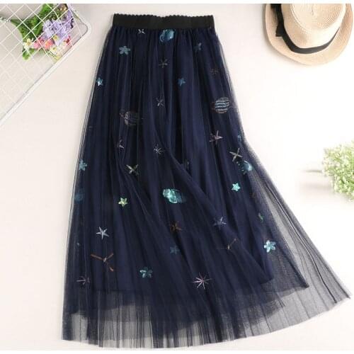 Sweet Embroidered Galaxy Pleated Layered Tulle Long Midi Skirts Sequined Stars Planets Mesh Long Pleated Skirt WF0186