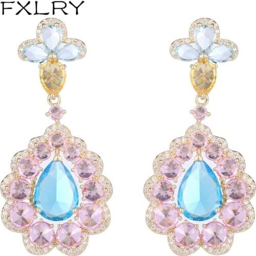 FXLRY Fashion Exaggerated Micro-Inlaid Zircon Long Flower Drop Earrings For Women Wedding Bridal Jewelry