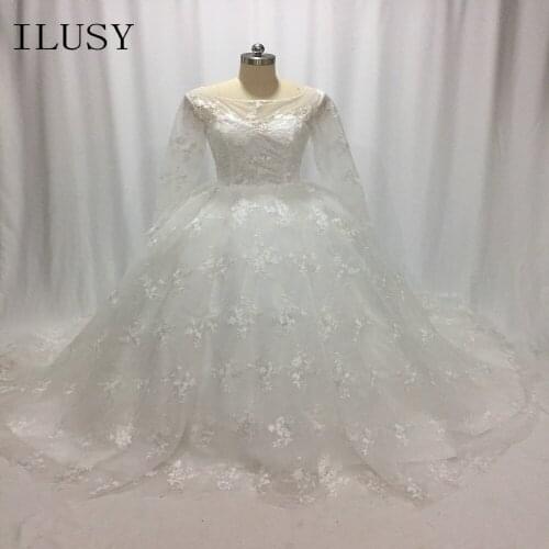 ILUSY Elegant Long Sleeve Wedding Dress Tulle Sheer Lace Appliques Bridal Gowns Wedding robe de mariee