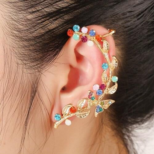 New Fashion Colorful Rhinestone Ear Clip Creative Leaf Clip Earrings Alloy Hypoallergenic Ear Hook Luxury Jewerly for Women