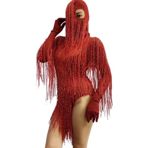 Red Full Fringe Long Gloves Bodysuit Headdress Birthday Outfits for Women Sexy Club Dress Stage Wear Dance Performance Costume
