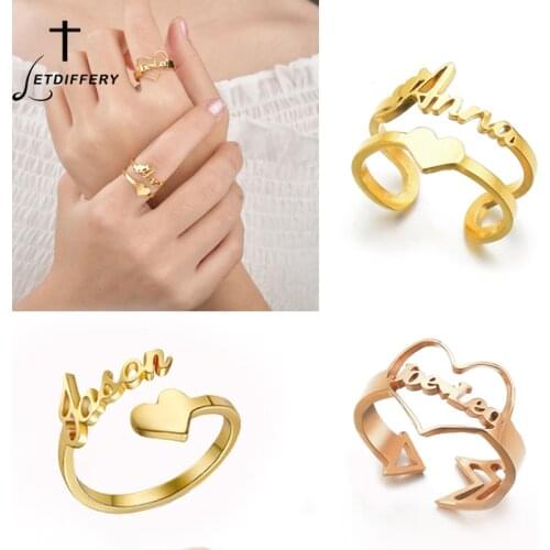 Letdiffery Personlized Name Date Rings Stainless Steel Heart Crown Customized Ring for Couple Women DIY Jewelry Christmas Gifts