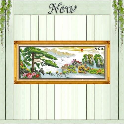 Pine tree peony Mountain river scenery painting Counted print on canvas DMC14CT 11CT Cross Stitch Needlework kits Embroider Sets