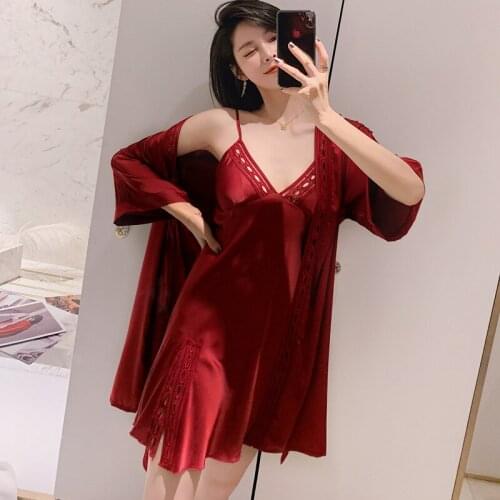 Year of Fate Robe Imitated Silk Fabric Slip Nightdress Piece Tracksuit Ice Silk Pajamas Wedding Morning Gowns have Chest Pad