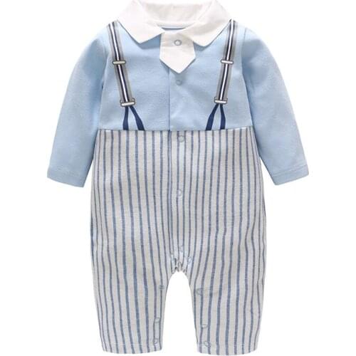 Baby Boys Button-Down Collar Casual Fashion Color Patchwork Rompers Long Sleeve Stripes One-piece Rompers
