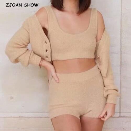 2021 Vintage Set Shaggy Korea Style Apricot Cardigan Furry Single-breasted Button Tank Top Mini Shorts Knitted Sweater 1 Set