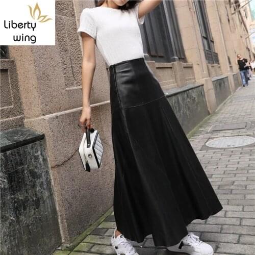 Autumn Winter Women Ankle Length Long Wide Flare High Waist Sheepskin Genuine Leather Skirts Harajuku Casual Maxi Skirt
