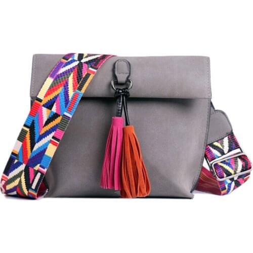 Women Nubuck Leather Messenger Bag High Quality Crossbody Bag Tassel Shoulder Bags with Colorful Wide Detachable Strap