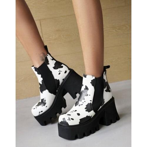 Cow Pattern Super Thick Bottom Color Matching Womens Ankle Boots Zebra Pattern High Waterproof Platform Elastic Band Foot Shoes