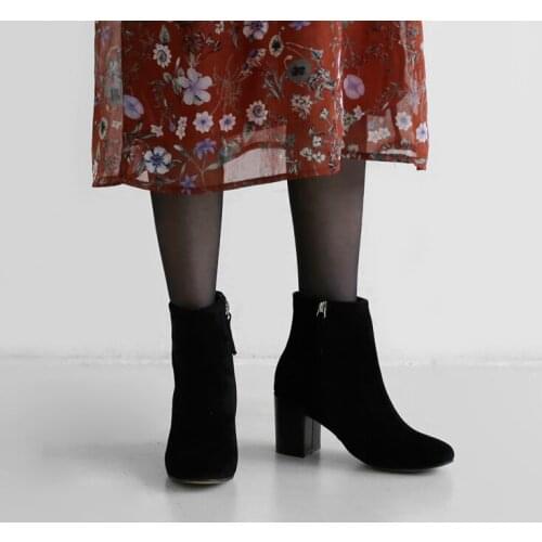 Leather Apricot Black Ankle Boots 2020 Fashion Autumn Winter Elastic Boots 4CM/6CM Thick Heel Round Toe Shoes Ladies