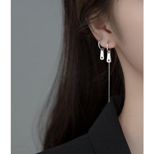 MloveAcc Real 925 Sterling Silver Simple Asymmetric Chain Geometric Earrings Long Drop Earring Hypoallergenic Jewelry for Women