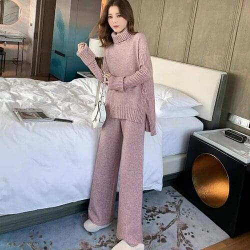 2021 Sweater Set Women Tracksuit Autumn Winter Knitted Suits 2 Piece Set Warm Turtleneck Sweater Pullovers Wide Legs Pants Suit