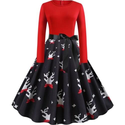 2019 New Womens Vintage Xmas Long Sleeve O-Neck Swing Dress Slim High Waist A-Line Flared Party Belt Midi Dress