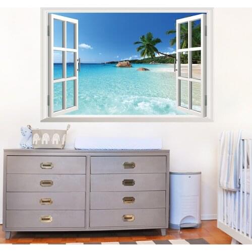 3D False Window Hawaii Scenery PVC Wall Stickers Tree Living Room Decoration Poster Kids Room Decals for Furniture Wallpaper Art