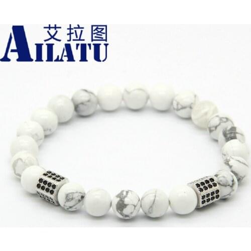 Ailatu Fashion Bracelet 8mm Natural White Howlite Marble Stone Bead Rectangle Micro Paved Black Zircon CZ Men Casual Jewelry