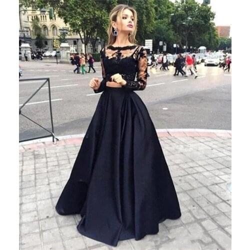 ANGELSBRIDEP 2 Pieces Black Evening Party Gowns long Sleeves Abendkleider Lace Applque Floor-Length Formal Cinderella Prom Dress