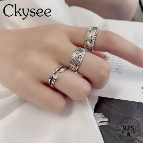 Ckysee 925 Sterling Silver Wide Rings Flower Arrow Index Finger Ring Opened Adjustable Rings For Woman Original Fine Jewelry
