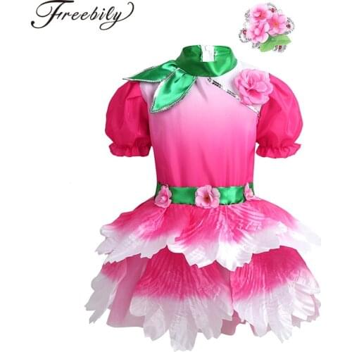 Kids Girls Short Puff Sleeves 3D Flower Mesh Ballet Tutu Dress Child Modern Jazz Dance Ballroom Costume Mesh Dress Headwear Set