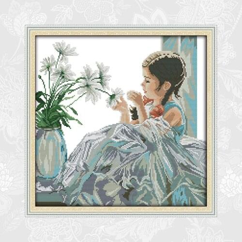 The girl watch the flowers Counted Cross Stitch kits Printed on Canvas 14CT 11CT Embroidery Sets Handmade Needlework Crafts