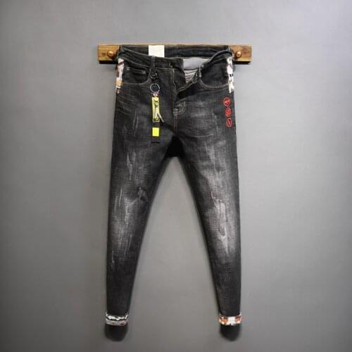 Streetwear Fashion Men Jeans Elastic Slim Fit Ripped Jeans Men Streetwear Embroidery Patchwork Designer Hip Hop Denim Punk Pants