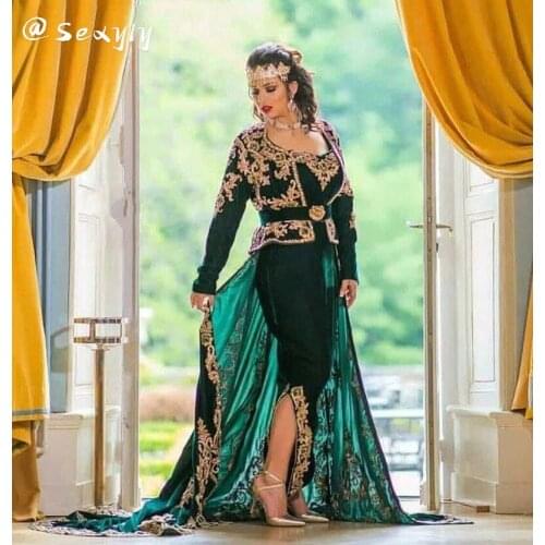 Emerald Green Moroccan Caftan Evening Dress With Overskirt Elegant Long Sleeve Gold Lace Dubai Aabya Robe De Soirée De Mariage