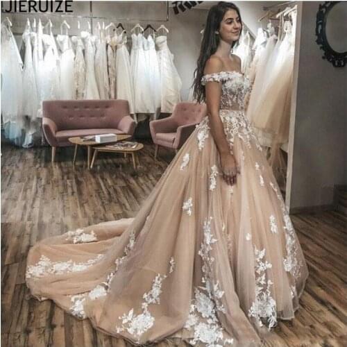 JIERUIZE Champagne Off Shoulder Wedding Dresses A Line Lace Up Back Modest Tulle Bridal Gowns Lace Appliques robe de mariee