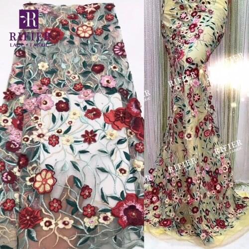 2019 High Quality Beads And Stones African Net Lace 3D Applique Flower Embroidered Beaded Mesh Weddign Material For Noble Lady