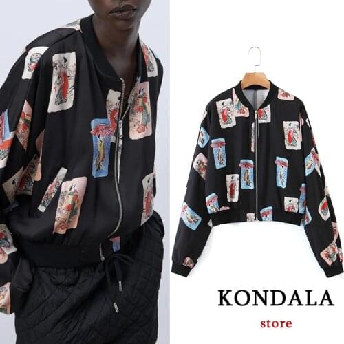 KONDALA Women Streetwear Carton Print Black Jackets Za Fashion 2021 Elastic Trim O Neck Zipper Mujer Outwear Spring Female Coats