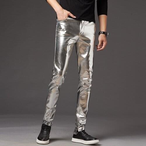 Motorcycle PU Leather Mens Pants Brand Skinny Shiny Gold Black Joggers Trousers Nightclub Stage Pants for Singers Dancers