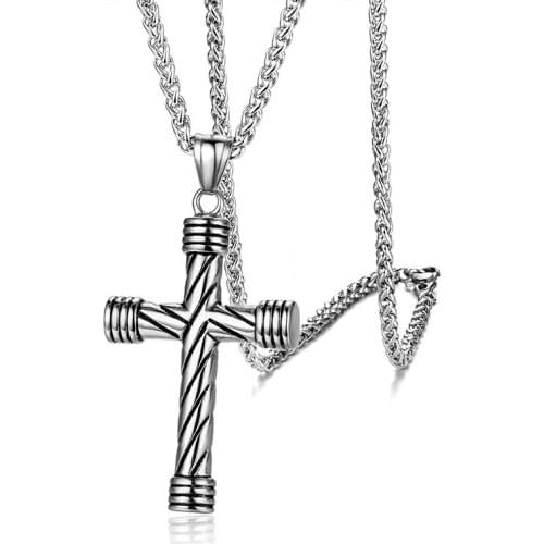 Striped Cross God Mens Necklace Pendant Stainless Steel Flower Basket Chain 24Inch Classic Necklace Male Jewelry