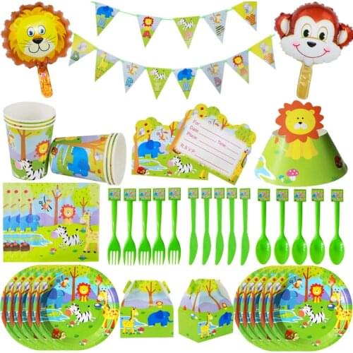 Jungle Animal Safari Party Tableware Set Birthday Party Decoration Supplies Set Paper Plates Cups Baby Shower Kids Favor Toys