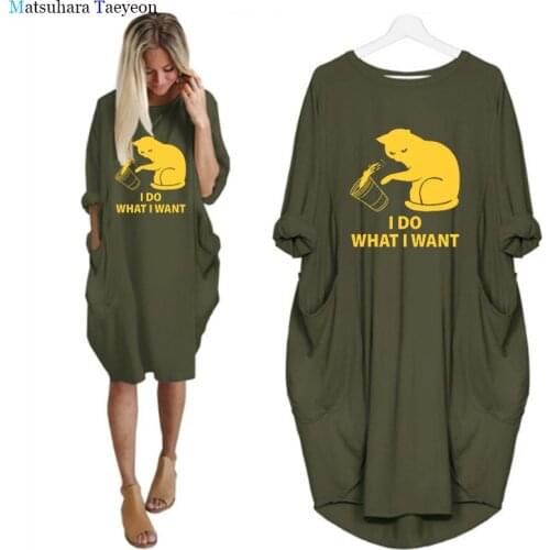 New Fashiondress for Women I Do What I Want Funny Cat Lover Plus Size Tops Graphic Women Loose Long Sleeve Woman Dress