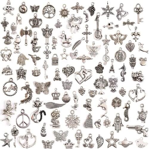 100 Pcs/Set Lots Tibetan Silver Plated Mixed Styles Star Heart Butterfly Charm Pendants DIY Jewelry for Necklace Bracelet